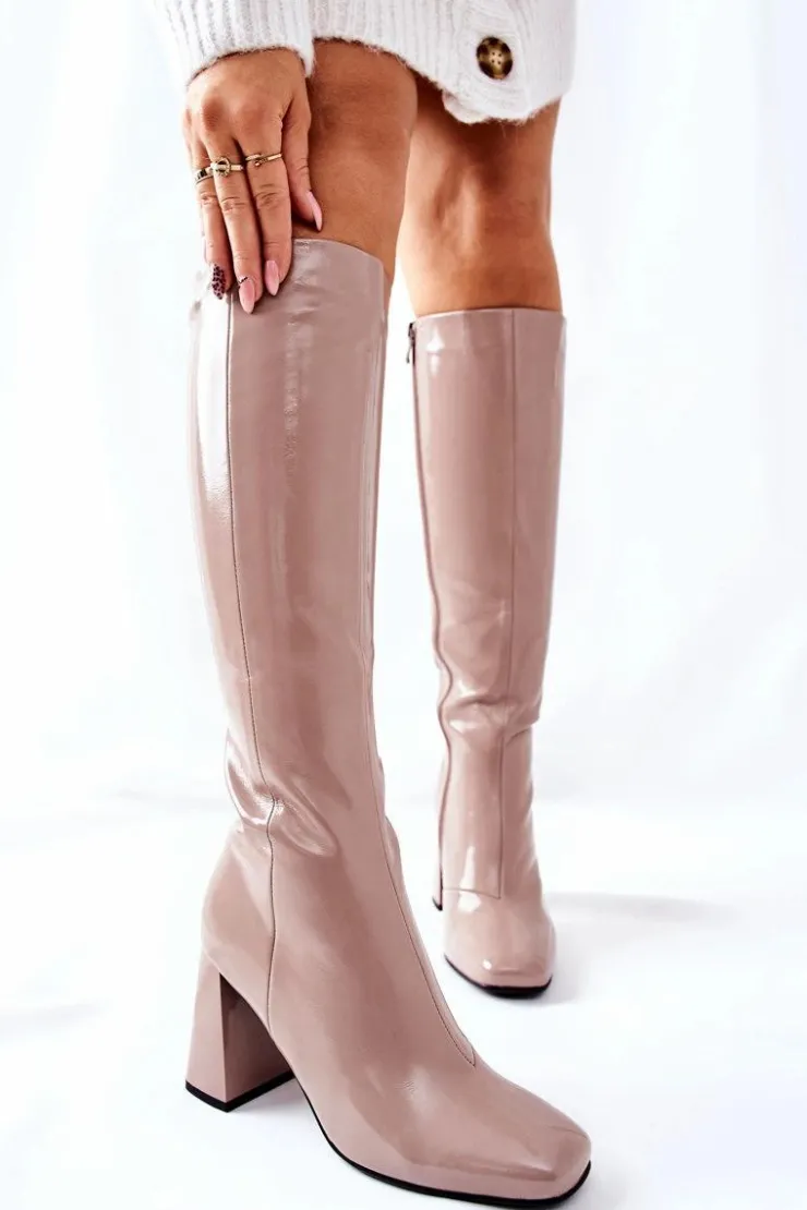 Clearance Damskie buty S.Barski Damskie Kozaki Lakierowane Beżowe Meteris