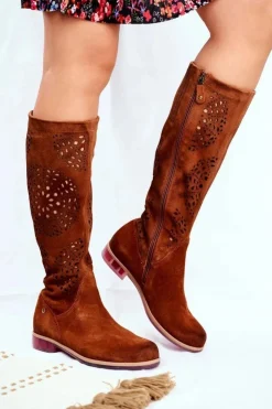 Maciejka Kozaki Wiosenne|Kozaki Ażurowe*Damskie Kozaki Skórzane Ażurowe Camel 04525-29