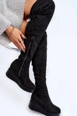 Boto Muszkieterki|Kozaki Wiosenne*Damskie Kozaki Muszkieterki Na Koturnie Czarne Elori