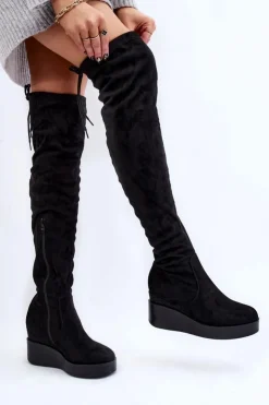 Boto Muszkieterki|Kozaki Wiosenne*Damskie Kozaki Muszkieterki Na Koturnie Czarne Elori