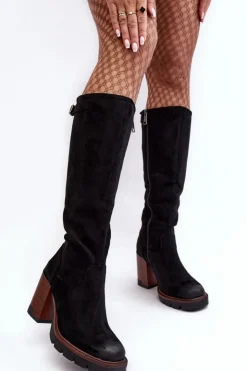 Buty damskie Vinceza Kozaki Na Obcasie|Kozaki Zamszowe*Damskie Kozaki Na Masywnym Słupku Ocieplane Czarne Alzeta