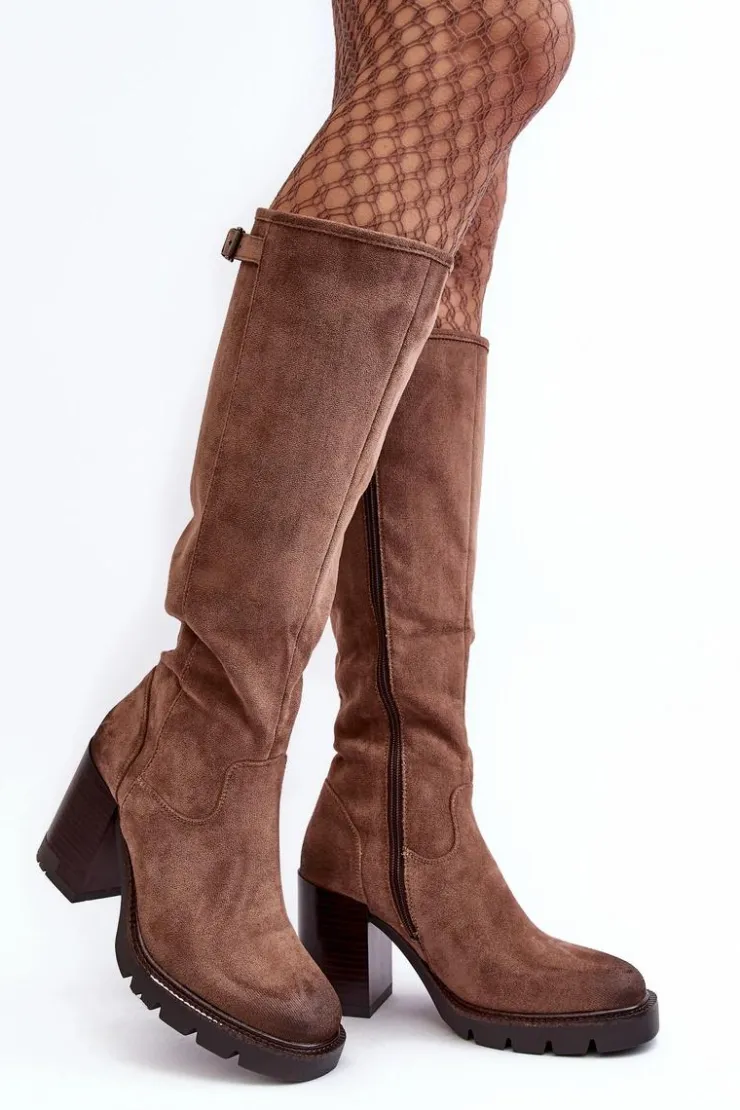 Hot Buty damskie Vinceza Damskie Kozaki Na Masywnym Słupku Ocieplane Ciemnobeżowe Alzeta