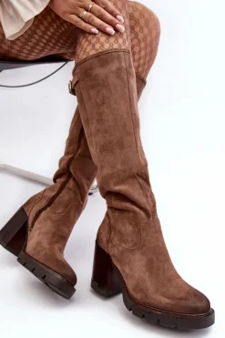 Hot Buty damskie Vinceza Damskie Kozaki Na Masywnym Słupku Ocieplane Ciemnobeżowe Alzeta