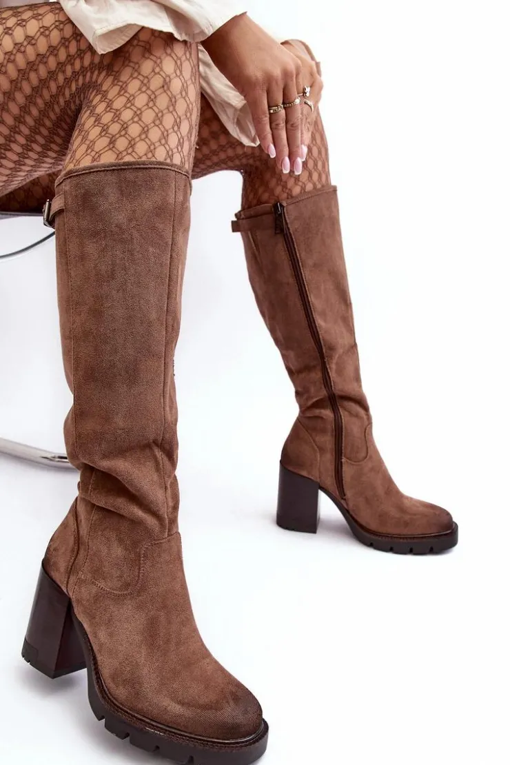 Hot Buty damskie Vinceza Damskie Kozaki Na Masywnym Słupku Ocieplane Ciemnobeżowe Alzeta