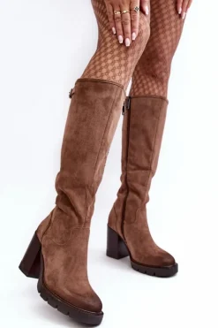 Hot Buty damskie Vinceza Damskie Kozaki Na Masywnym Słupku Ocieplane Ciemnobeżowe Alzeta