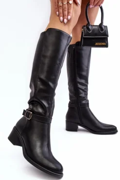 Damskie Buty Sergio Leone Damskie Kozaki Na Niskim Obcasie Przed Kolano Czarne Bafiske