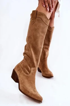 Boto Kozaki Wiosenne|Kozaki Przed Kolano*Damskie Kozaki Na Obcasie Lewski Shoes 3235 Beżowe