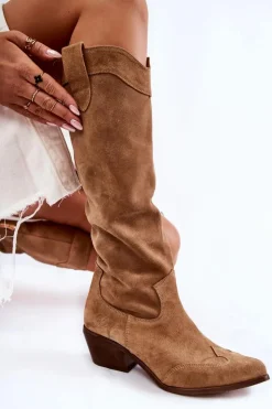 Boto Kozaki Wiosenne|Kozaki Przed Kolano*Damskie Kozaki Na Obcasie Lewski Shoes 3235 Beżowe