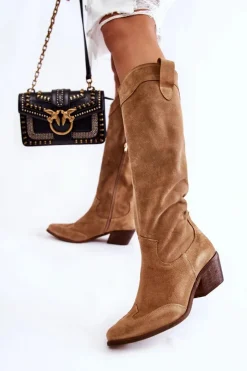 Boto Kozaki Wiosenne|Kozaki Przed Kolano*Damskie Kozaki Na Obcasie Lewski Shoes 3235 Beżowe