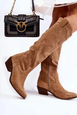 Boto Kozaki Wiosenne|Kozaki Przed Kolano*Damskie Kozaki Na Obcasie Lewski Shoes 3235 Beżowe