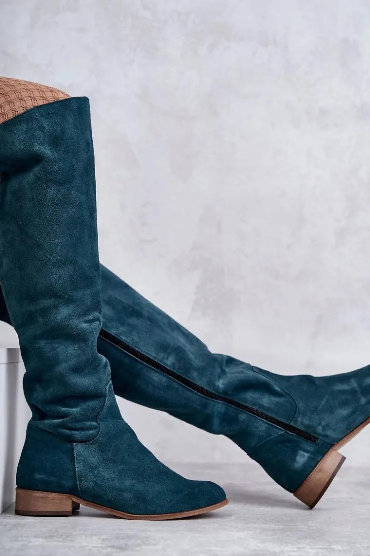 Damskie Boto Damskie Kozaki Na Płaskim Obcasie Zielone Isolde