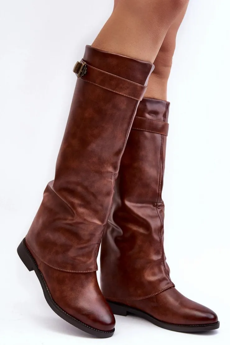 Best Boto Damskie Kozaki Na Płaskim Obcasie Z Marszczoną Cholewką Brązowe Tercella