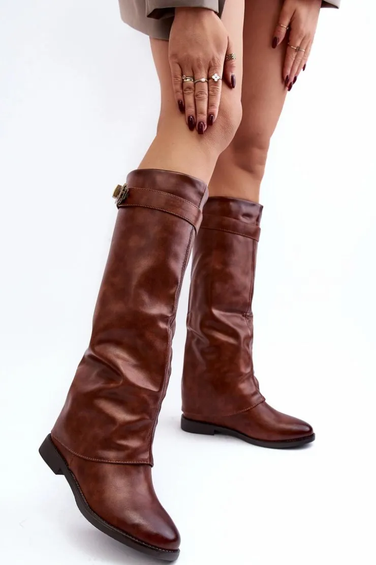 Best Boto Damskie Kozaki Na Płaskim Obcasie Z Marszczoną Cholewką Brązowe Tercella