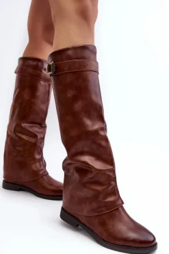 Best Boto Damskie Kozaki Na Płaskim Obcasie Z Marszczoną Cholewką Brązowe Tercella