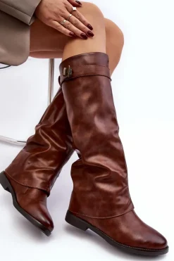 Best Boto Damskie Kozaki Na Płaskim Obcasie Z Marszczoną Cholewką Brązowe Tercella
