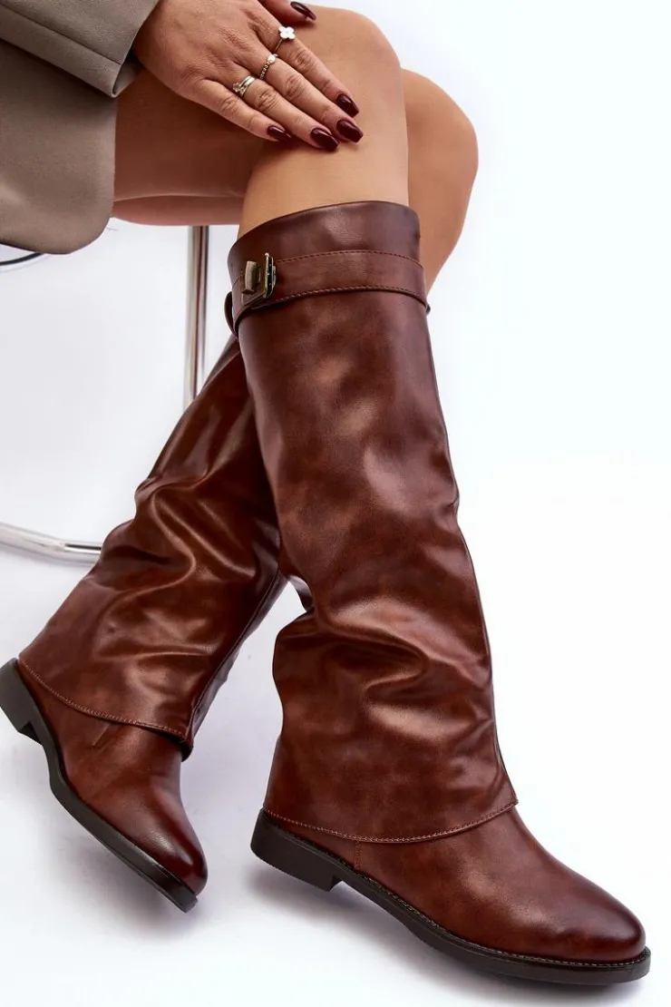 Best Boto Damskie Kozaki Na Płaskim Obcasie Z Marszczoną Cholewką Brązowe Tercella