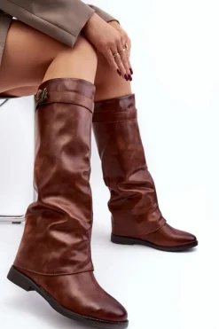 Best Boto Damskie Kozaki Na Płaskim Obcasie Z Marszczoną Cholewką Brązowe Tercella