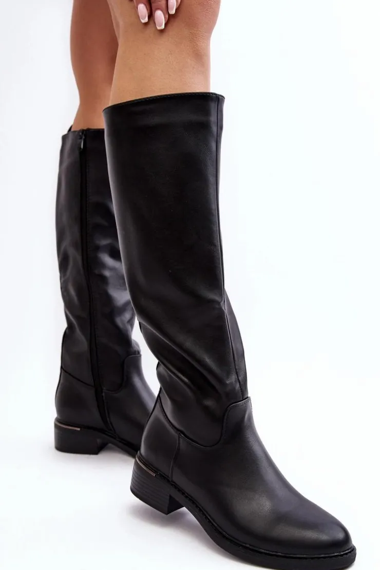 Clearance Boto Damskie Kozaki Na Płaskim Obcasie Przed Kolano Czarne Aviare