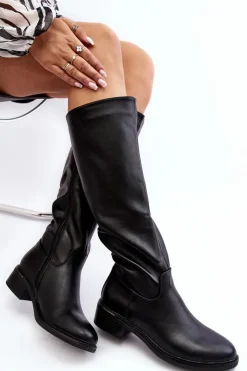 Clearance Boto Damskie Kozaki Na Płaskim Obcasie Przed Kolano Czarne Aviare