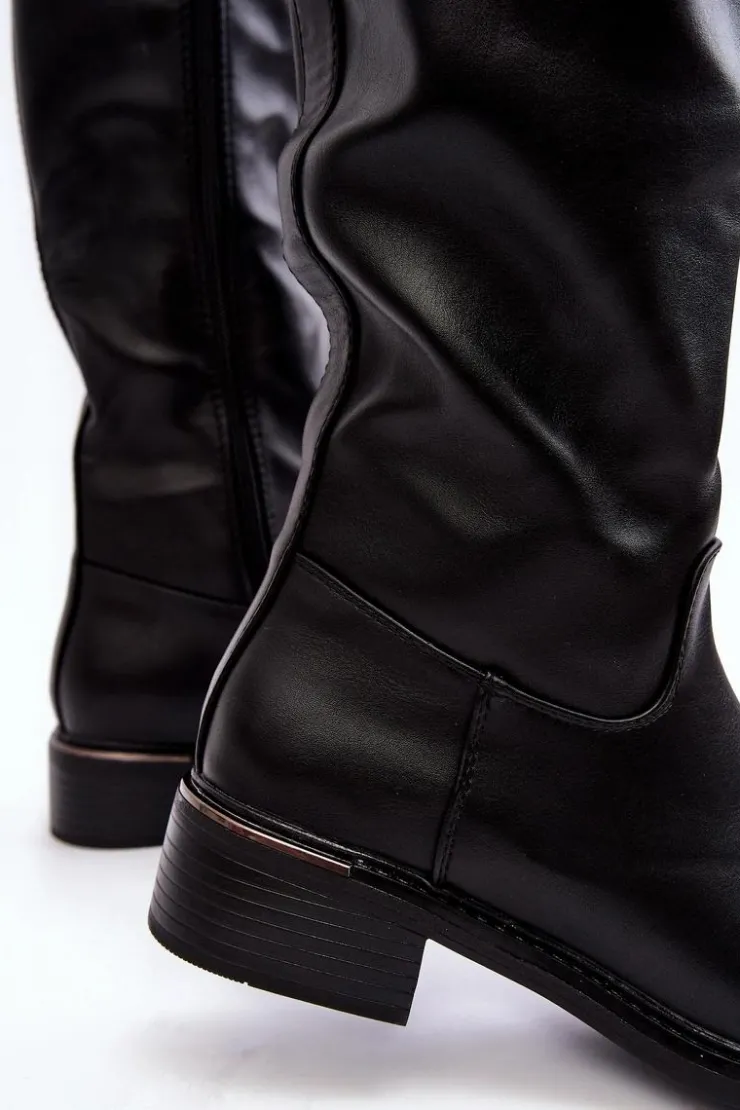 Clearance Boto Damskie Kozaki Na Płaskim Obcasie Przed Kolano Czarne Aviare