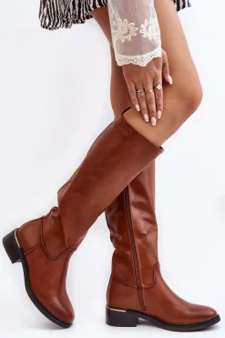 Hot Boto Damskie Kozaki Na Płaskim Obcasie Przed Kolano Brązowe Aviare