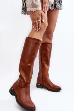 Hot Boto Damskie Kozaki Na Płaskim Obcasie Przed Kolano Brązowe Aviare