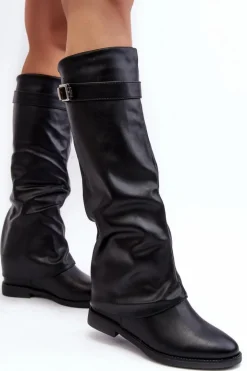 Damskie Boto Damskie Kozaki Na Płaskim Obcasie Z Marszczoną Cholewką Czarne Tercella