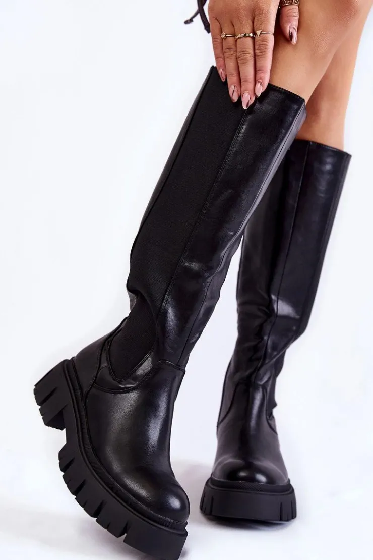 Best Evento Damskie Kozaki Na Platformie Do Kolana Czarne Milania