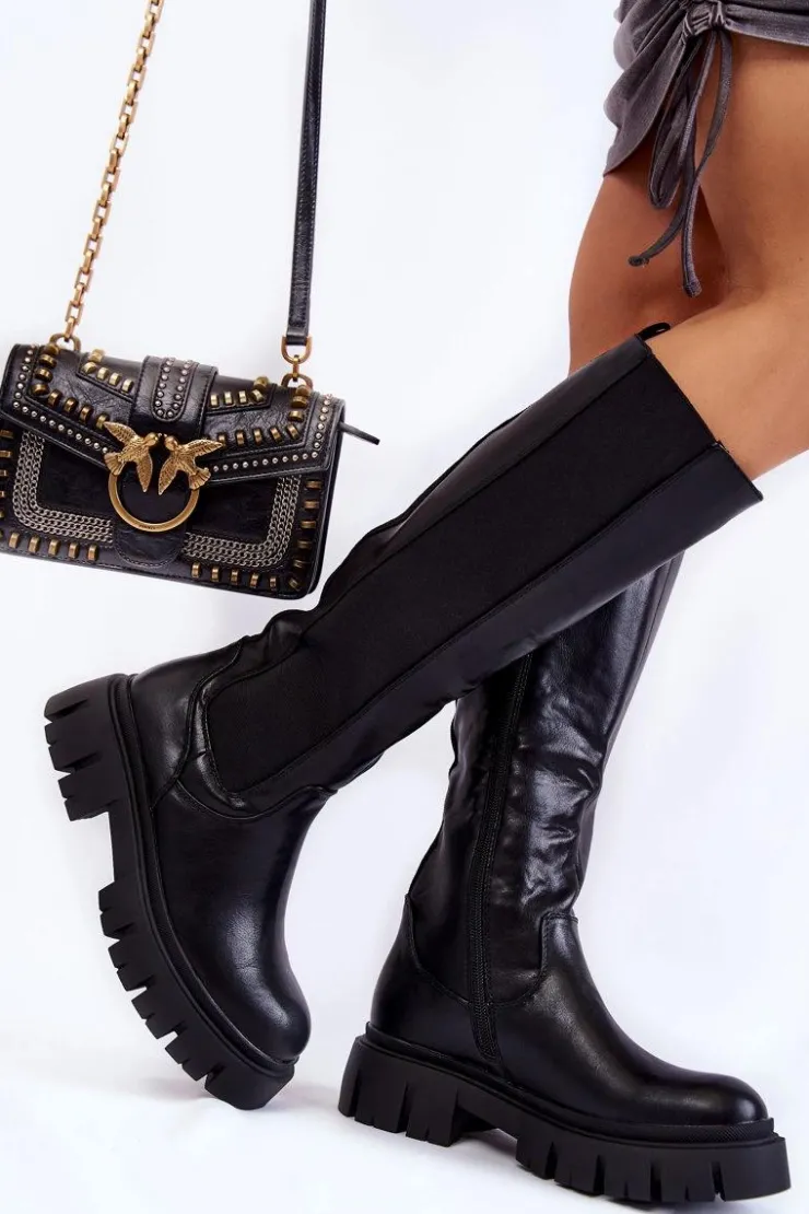 Best Evento Damskie Kozaki Na Platformie Do Kolana Czarne Milania