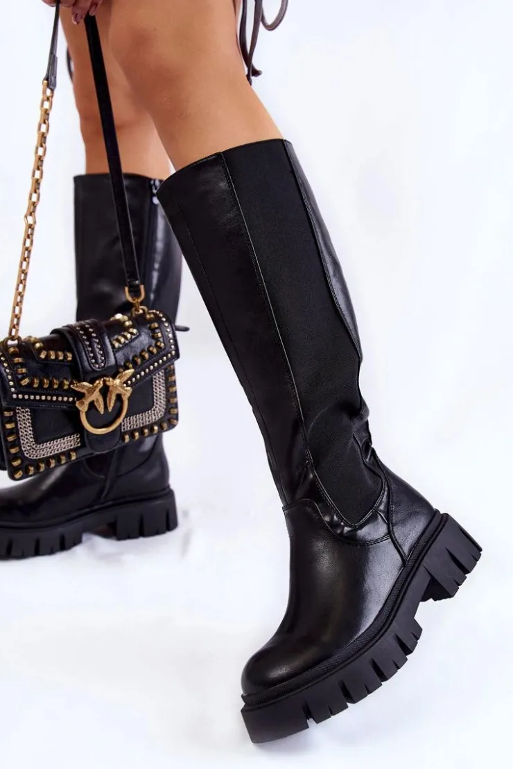 Best Evento Damskie Kozaki Na Platformie Do Kolana Czarne Milania