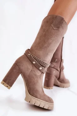 Sale Boto Damskie Kozaki Na Słupku Lewski Shoes 3246 Cappucino