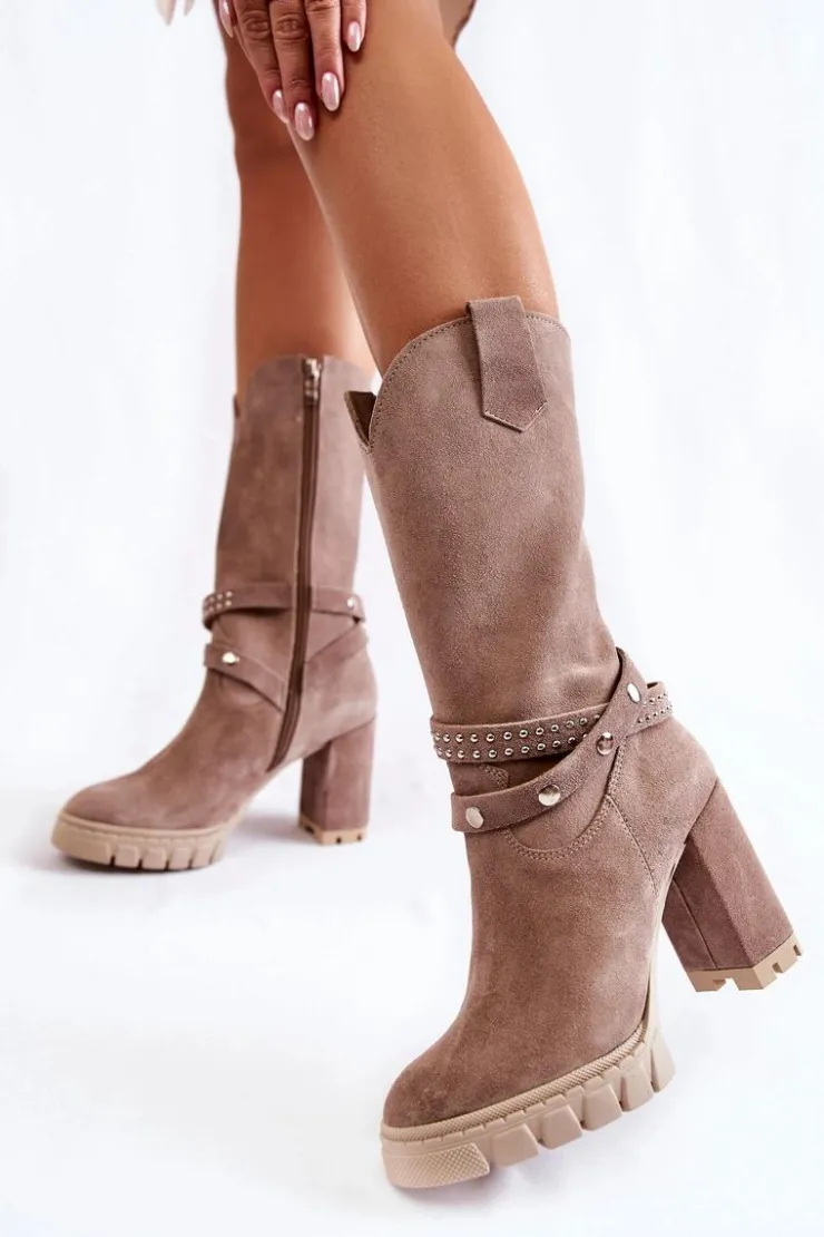 Sale Boto Damskie Kozaki Na Słupku Lewski Shoes 3246 Cappucino