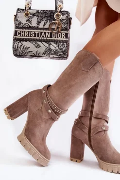 Sale Boto Damskie Kozaki Na Słupku Lewski Shoes 3246 Cappucino