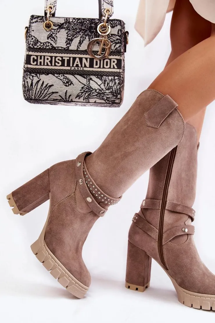 Sale Boto Damskie Kozaki Na Słupku Lewski Shoes 3246 Cappucino