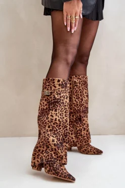 Damskie Boto Damskie Kozaki Na Słupku Przed Kolano Panterka Brązowe Portora