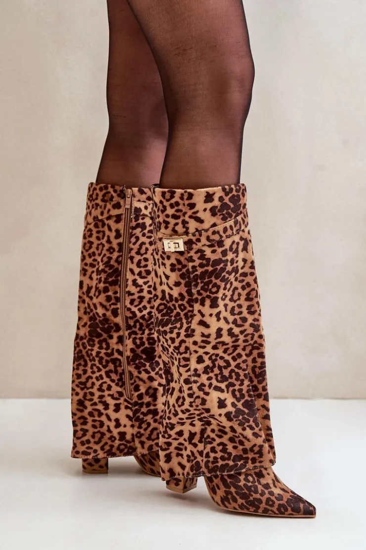 Damskie Boto Damskie Kozaki Na Słupku Przed Kolano Panterka Brązowe Portora