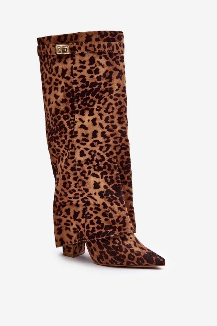 Damskie Boto Damskie Kozaki Na Słupku Przed Kolano Panterka Brązowe Portora