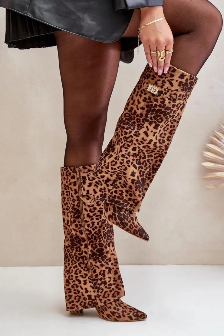 Damskie Boto Damskie Kozaki Na Słupku Przed Kolano Panterka Brązowe Portora