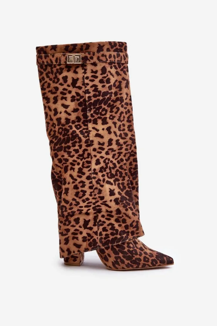 Damskie Boto Damskie Kozaki Na Słupku Przed Kolano Panterka Brązowe Portora