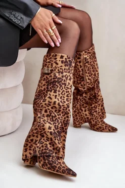 Damskie Boto Damskie Kozaki Na Słupku Przed Kolano Panterka Brązowe Portora