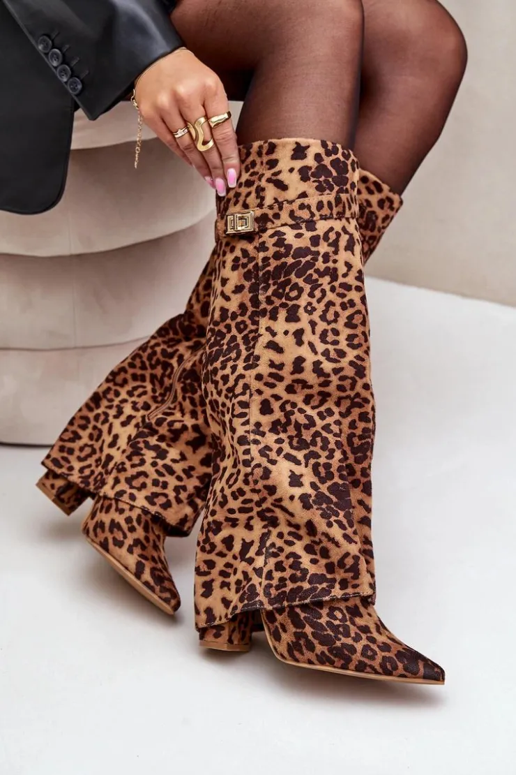 Damskie Boto Damskie Kozaki Na Słupku Przed Kolano Panterka Brązowe Portora