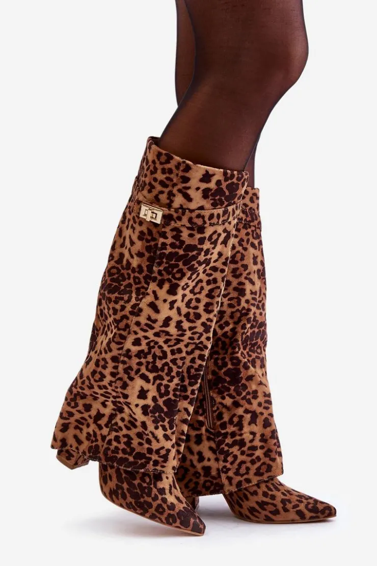 Damskie Boto Damskie Kozaki Na Słupku Przed Kolano Panterka Brązowe Portora