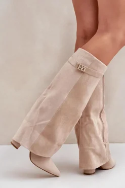 Damskie Boto Damskie Kozaki Na Słupku Przed Kolano Jasnobeżowe Portora