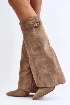 Boto Kozaki Wiosenne|Kozaki Przed Kolano*Damskie Kozaki Na Słupku Przed Kolano Beżowe Portora