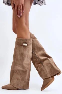 Boto Kozaki Wiosenne|Kozaki Przed Kolano*Damskie Kozaki Na Słupku Przed Kolano Beżowe Portora
