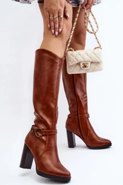 Outlet Boto Damskie Kozaki Na Słupku Z Ozdobą Przed Kolano Camel Rahallis