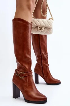 Outlet Boto Damskie Kozaki Na Słupku Z Ozdobą Przed Kolano Camel Rahallis
