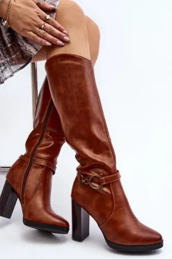 Outlet Boto Damskie Kozaki Na Słupku Z Ozdobą Przed Kolano Camel Rahallis