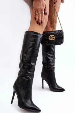 Clearance Boto Damskie Kozaki Na Szpilce Zwierzęcy Wzór Czarne Mambra