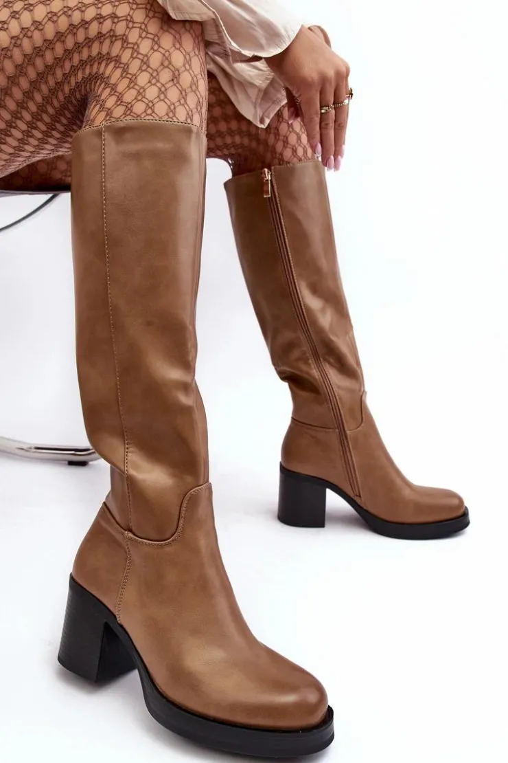 Boto Kozaki Przed Kolano|Kozaki Na Obcasie*Damskie Kozaki Ocieplane Na Słupku Ciemnobeżowe Theisen